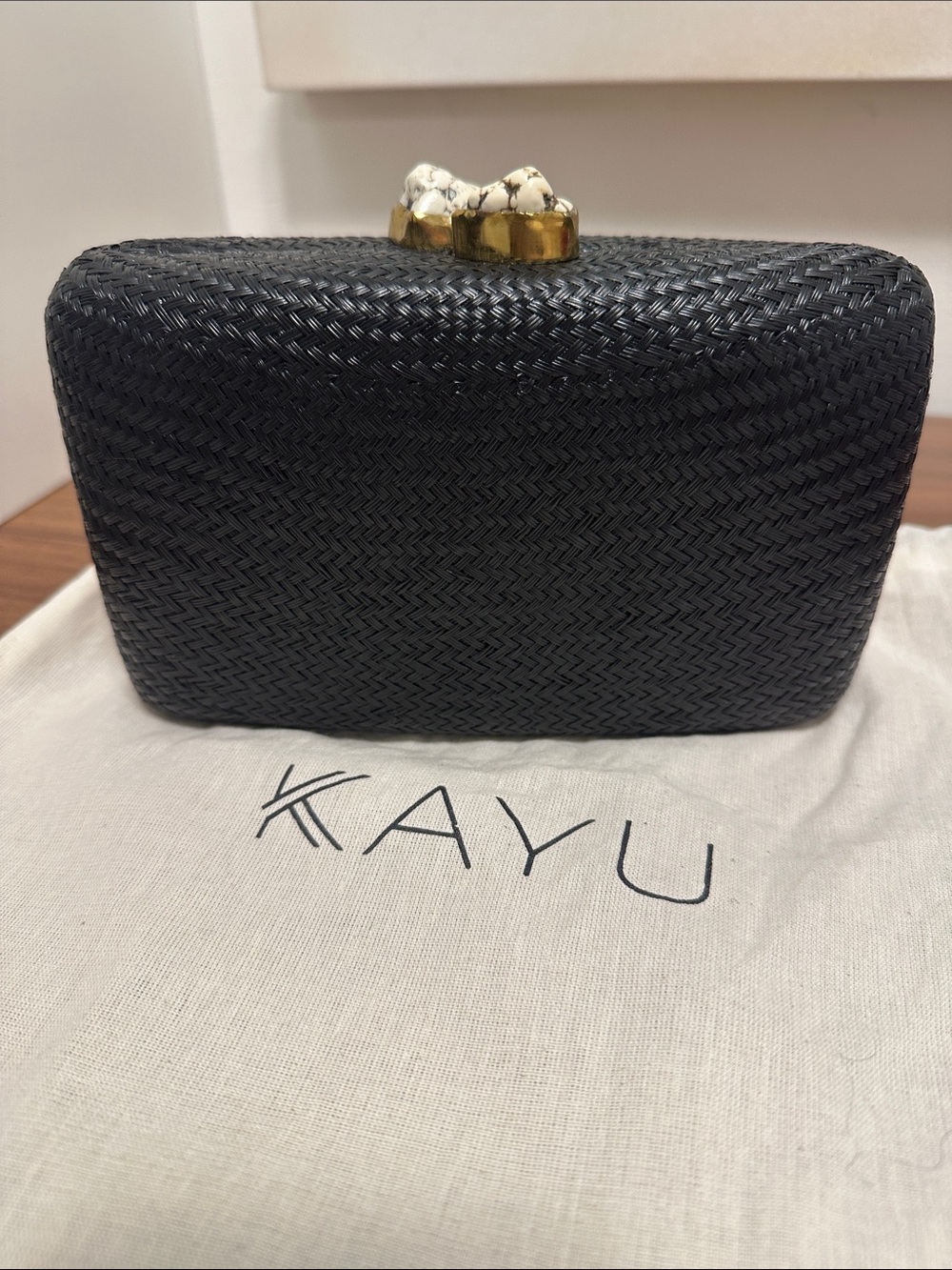 Kayu Black Staw Clutch Bag with Marble-Accent Clasp